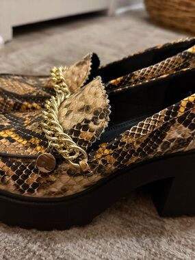 ASOS Snake-Print Loafers with Gold Chain Accent - Brown/Black